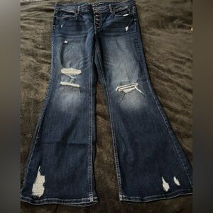 Maurice’s 18W LONG Button Fly High-Rise Flare Distressed Blue Jeans